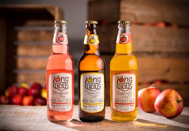 Three bottles of Longways Cider in different flavours.