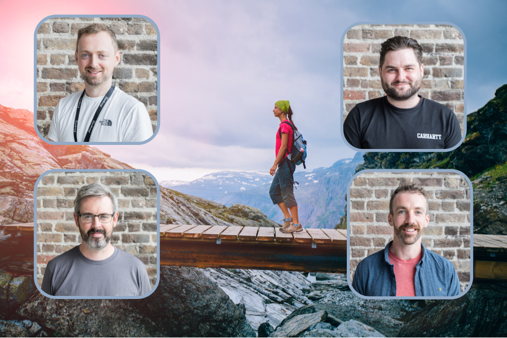 Group of start-up founders inset on image of man walking in mountains.