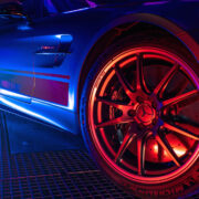 The wheel of A grey Mercedes-AMG GTR Pro sports car.