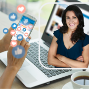 Dark-haired woman inset on image of social media strategist at work.