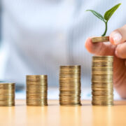 Woman stacking coins with a leaf on top.