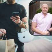 Man inset on picture of gig worker doing a delivery.