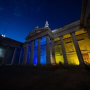 Bank of Ireland building at college green in Ukrainian colours.