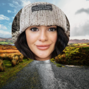 Woman wearing a beanie hat inset on image of a road in Donegal.