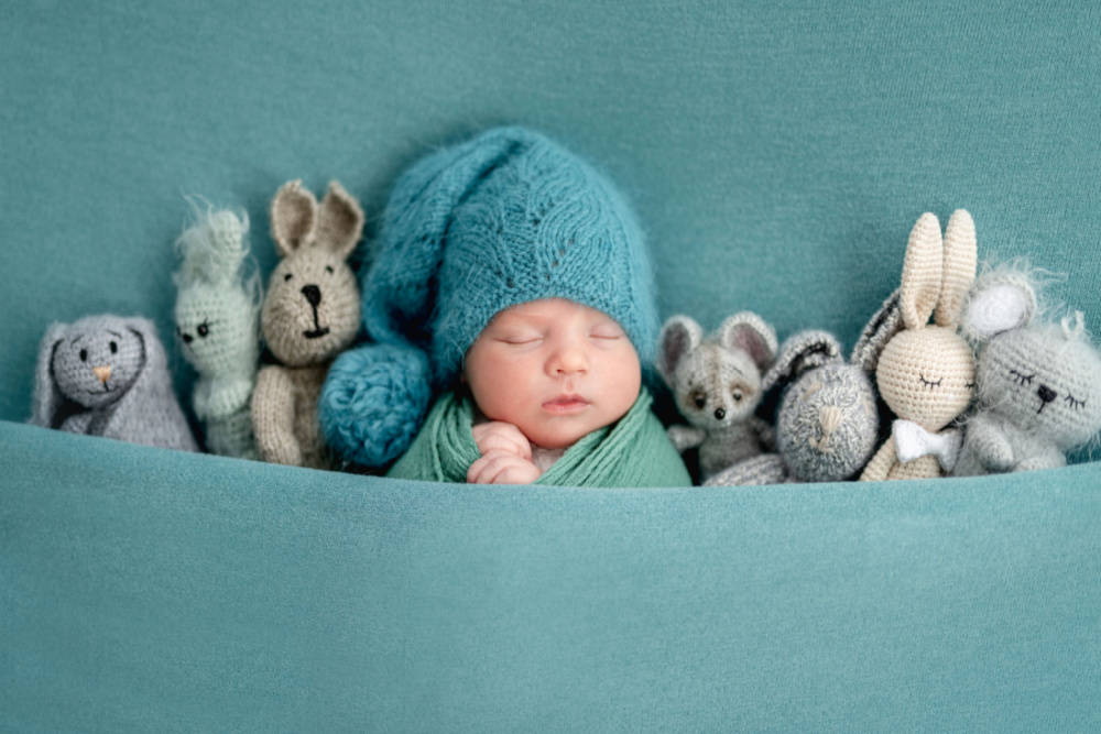 New born baby surrounded by cuddly toys.
