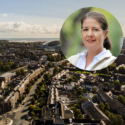 Woman inset on an image of south Dublin.