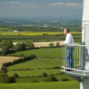 Man standing on a wind turbine.