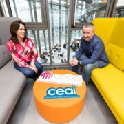 Woman wearing red blouse on grey couch beside man in blue jacket on yellow couch.