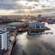 Sun shining on Belfast city.