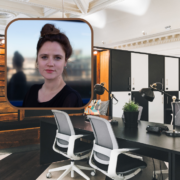 Woman inset on image of a shared office.