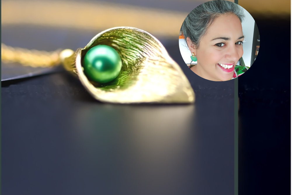 Woman inset beside golden and green jewellery.