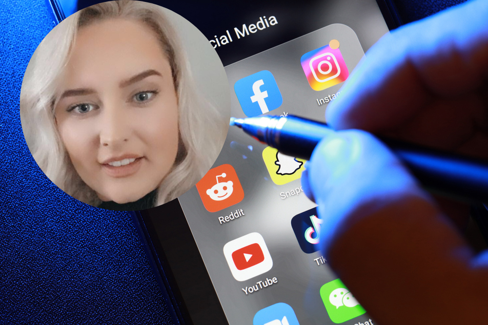 Woman inset on image of smartphone with social media apps.