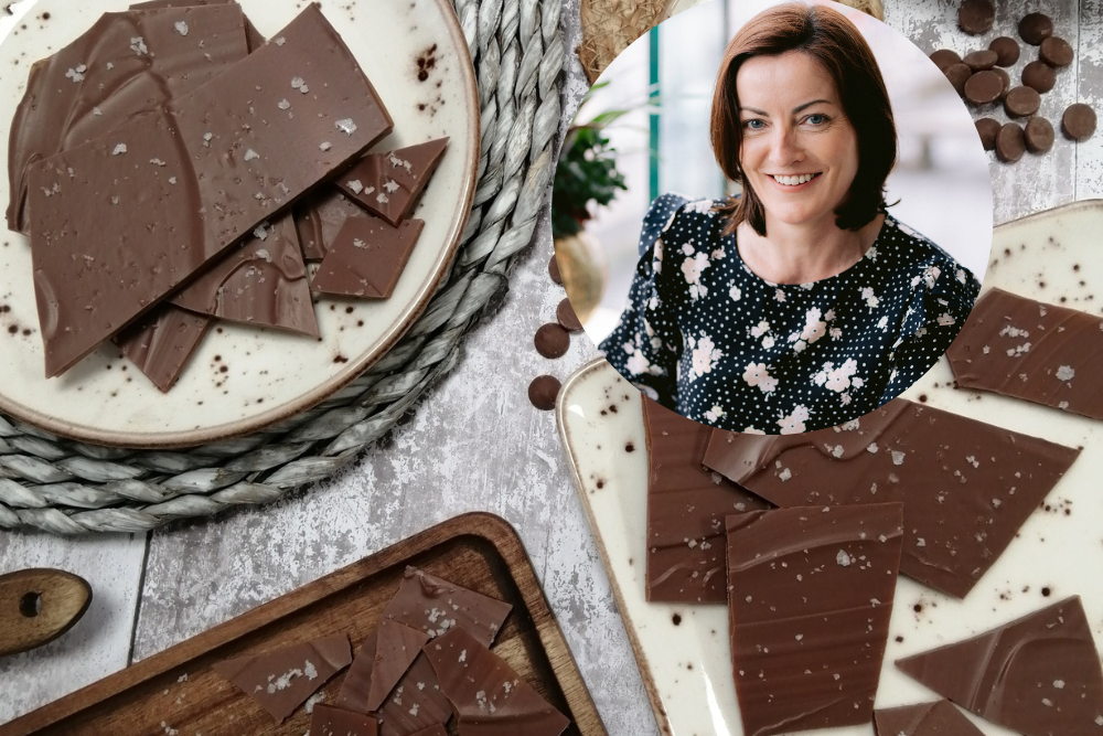 Woman inset on image of chocolate treats.