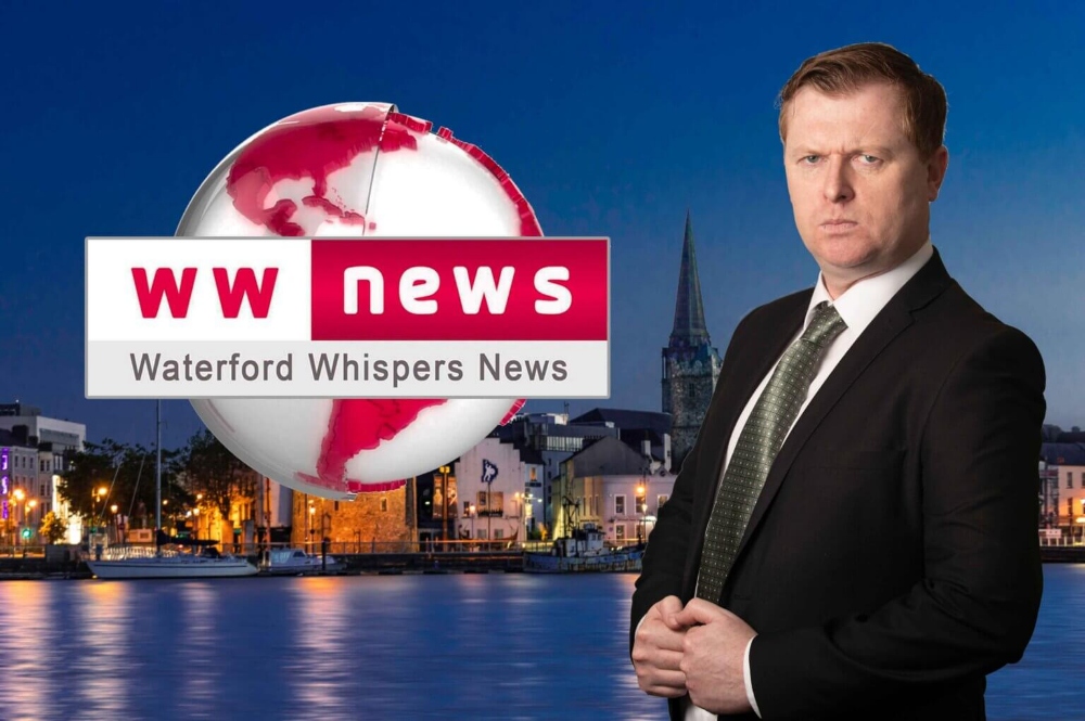 Serious looking newsreader for satire site Waterford Whispers.