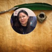 Woman inset on image of parchment, quill and ink.