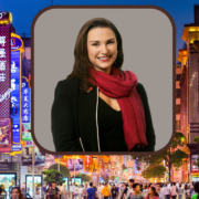 Woman inset on image of street scene in Shanghai