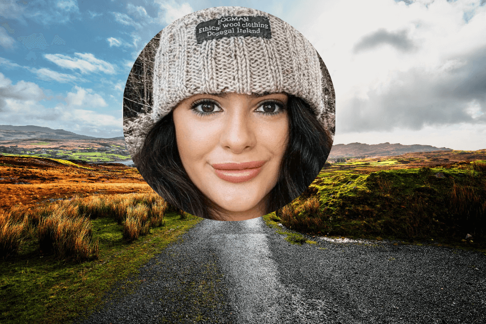 Woman inset on image of a bog road in Donegal.