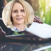 Woman inset on image of employee quitting.