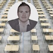 Man inset on image of exam hall.