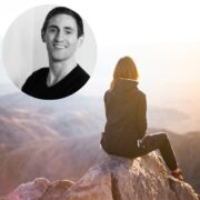 Man inset on image of woman sitting on top of a mountain.