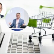 Two men inset on image of a trolley on a keyboard.
