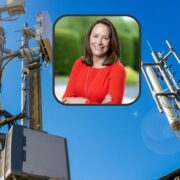 Woman in red blouse inset on image of cellular network towers.