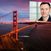Man inset on image of Golden Gate bridge San Francisco.