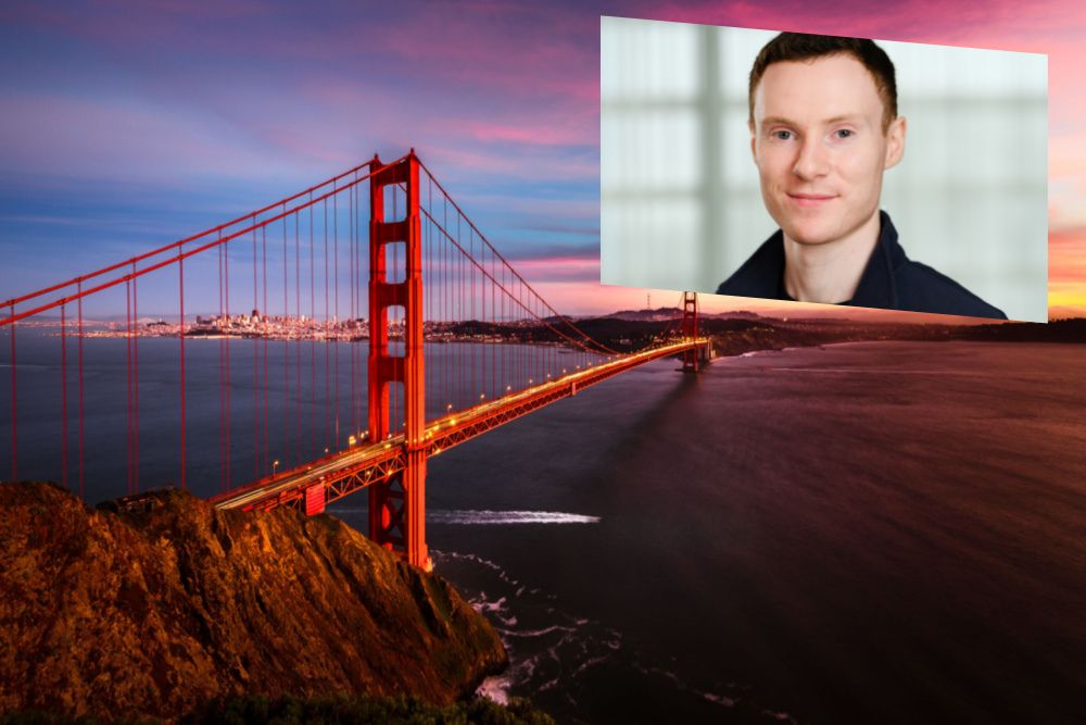 Man inset on image of Golden Gate bridge San Francisco.
