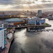 Sun shines on Belfast city.