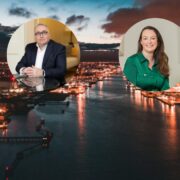 Man and woman inset on image of Dublin city.