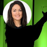 Woman inset on image of woman holding up an award.