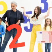 Man and four kids surrounded by numbers.