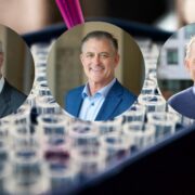 Three men inset on image of drug development in lab.