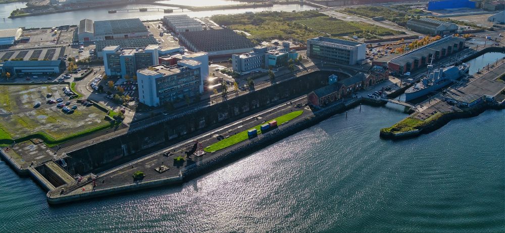 Aerial view of Catalyst campus in Belfast docks.