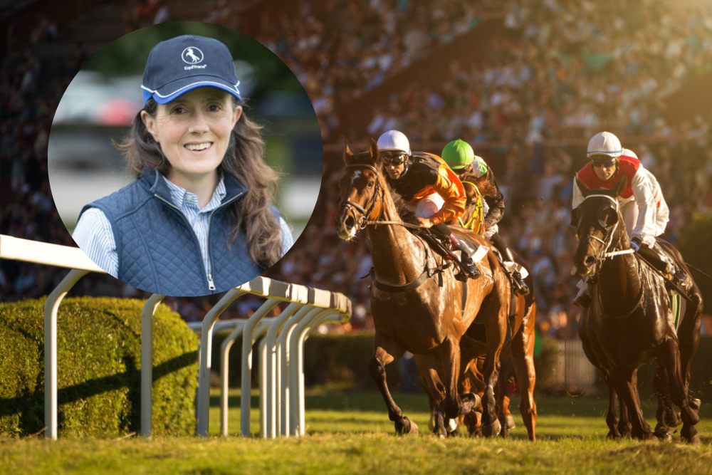 woman inset on image of horse racing.