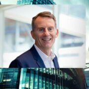 Man in blue suit inset on image of bank buildings in London.