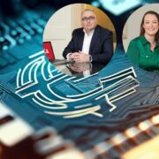 Man and woman inset on image of printed circuit board.