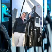 Man inset on image of EV chargers.