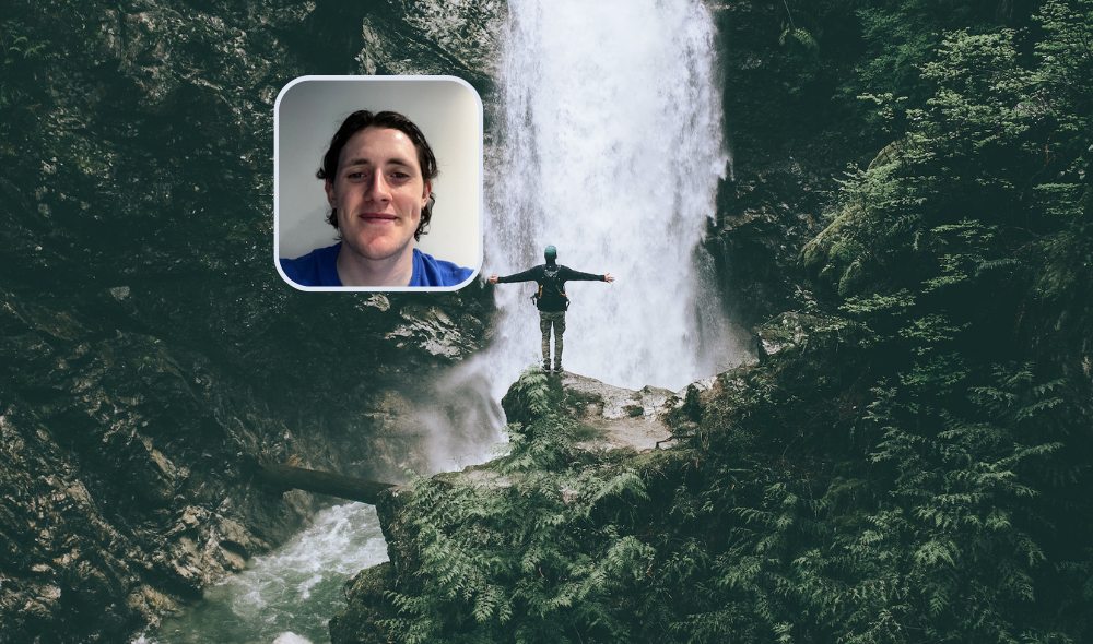 Man inset on image of a person by a waterfall.