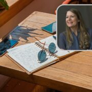 Woman inset on image of desk with summer journal, phone and sunglasses.