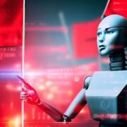 AI robot surrounded by red flags.