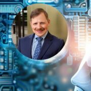 Man inset on vision of an artificially intelligent workplace.