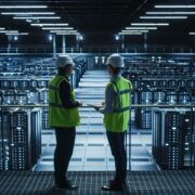 Men in hard hats in a data centre.