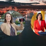 Two women inset on aerial view of Dublin.
