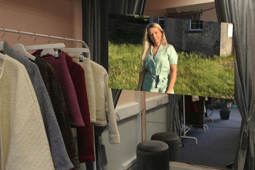 Woman inset on image of clothes on a rack.