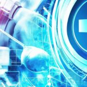 Medical cross on a digital life sciences background.