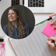 Woman inset on image of person working at desk.