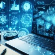 Laptop surrounded by business data dashboards.