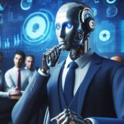 robot AI in business suit among human business workers.