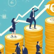 Men and women climbing stacks of coins.